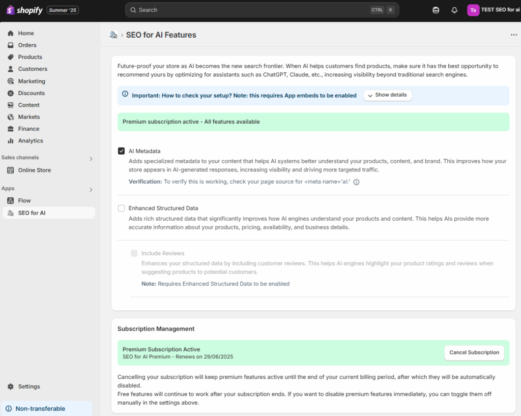 Screenshot of the SEO for AI Admin screen in Shopify