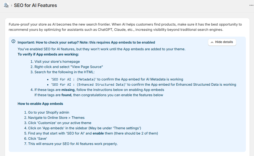 Screenshot of the Help section of the SEO for AI Admin screen in Shopify