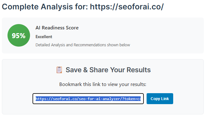AI Readiness Analyzer result page score and sharing link