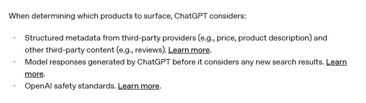 ChatGPT considerations when determining which products to surface